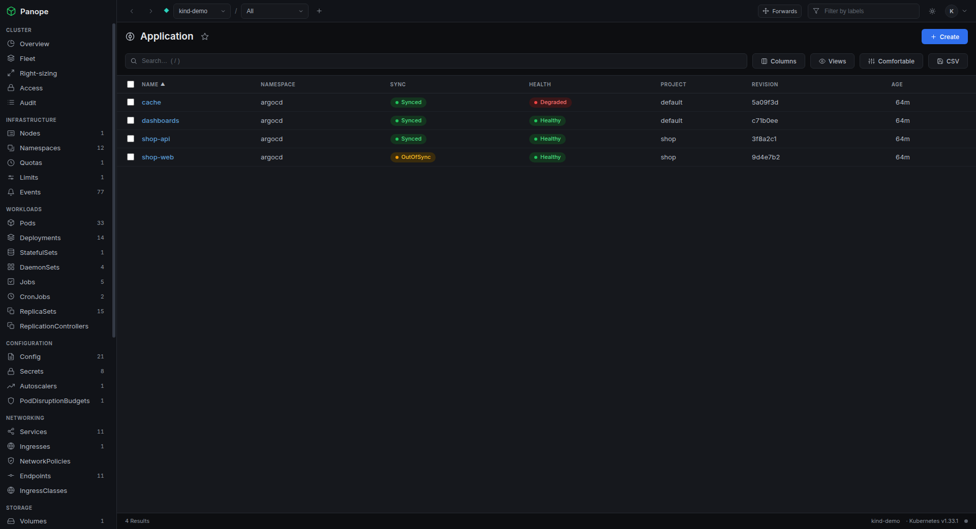 ArgoCD applications with sync and health status.