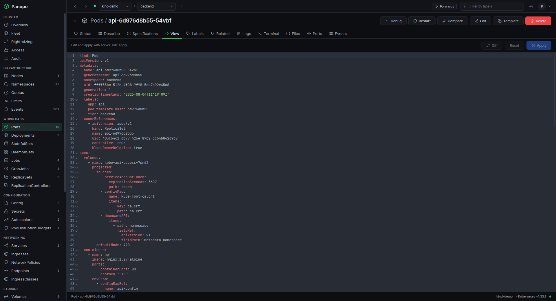 YAML editor with syntax highlighting and apply controls.